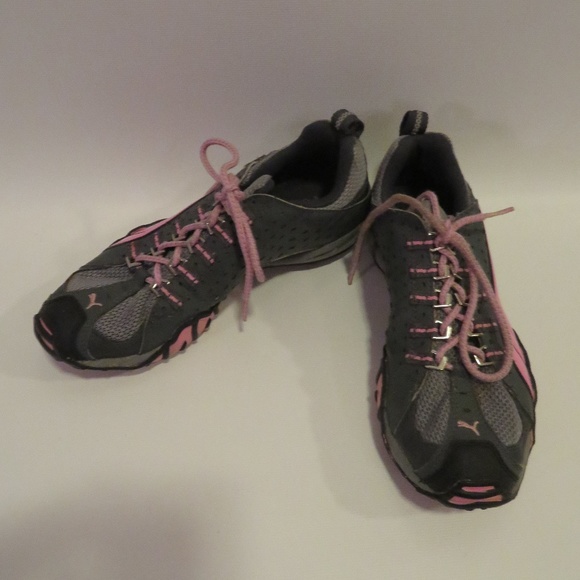 gray and pink puma shoes